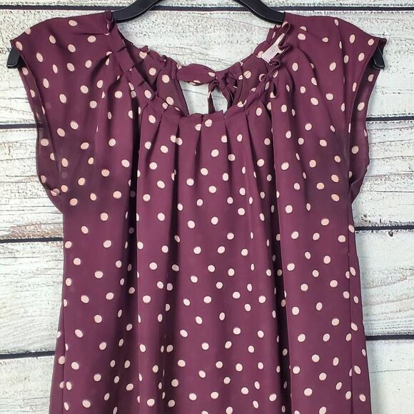 Lauren Conrad Women’s Polka Dot Ruffle Tie Back Top Size Small Plum Pink Cap Sle - Picture 2 of 7